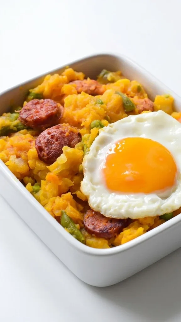 Charquicán con longaniza ahumada Cecinas Serrot con huevo frito