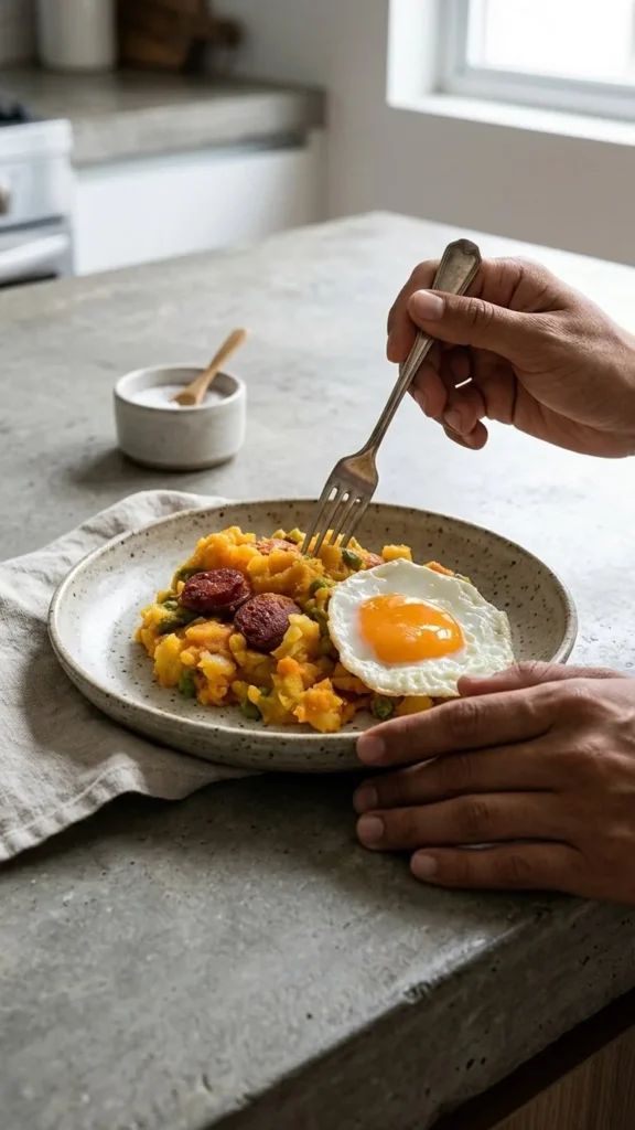 Charquicán con longaniza Serrot siendo servido