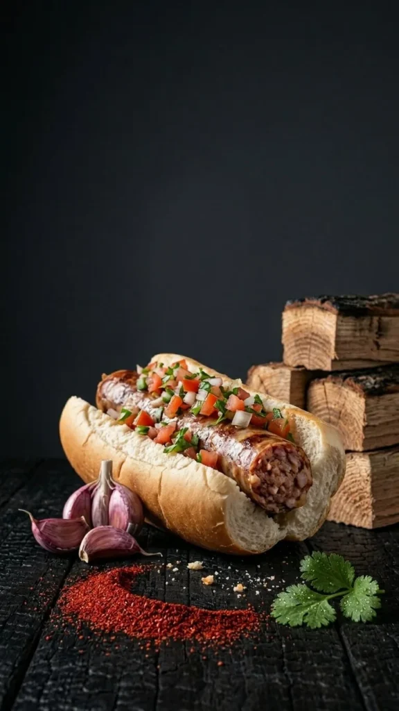 Choripán con longaniza ahumada Cecinas Serrot y pebre chileno