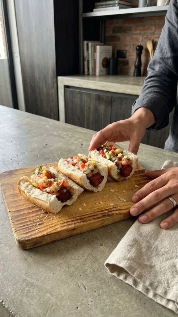 Tres choripanes con longaniza Serrot en tabla de madera