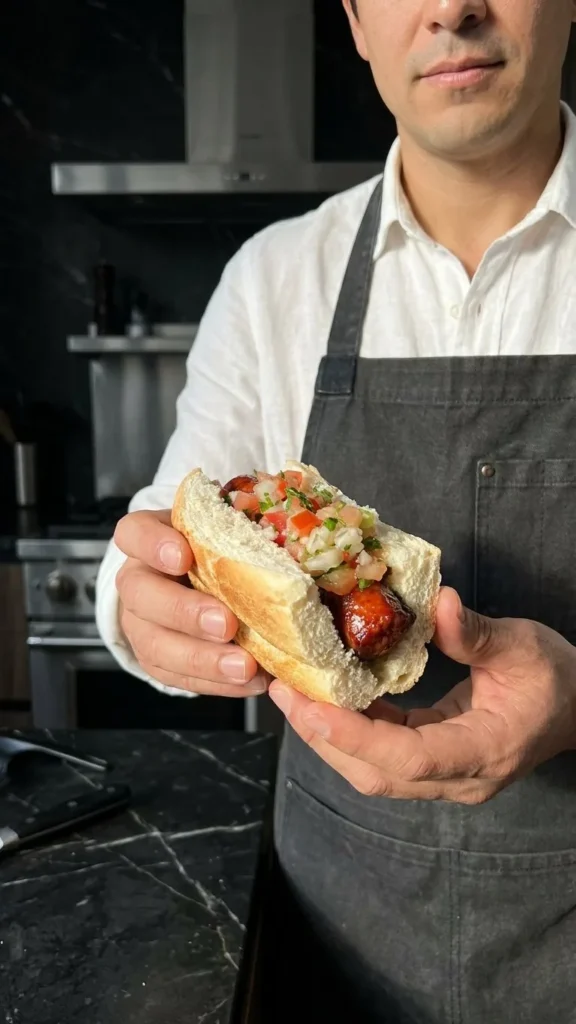 Choripán con longaniza ahumada Serrot siendo sostenido