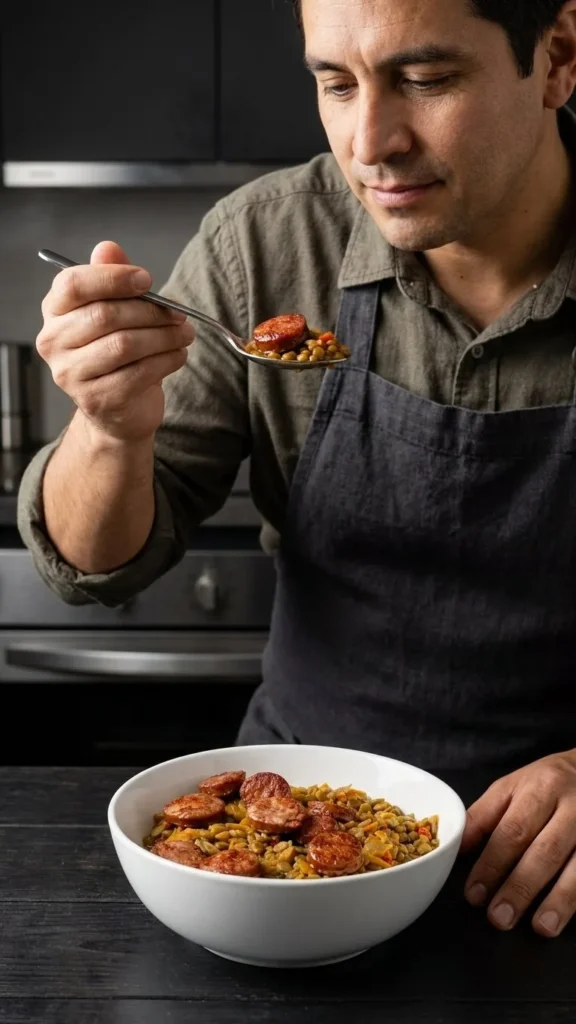 Lentejas con longaniza Serrot siendo probadas
