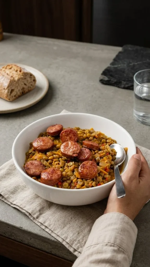 Lentejas con longaniza Cecinas Serrot con pan