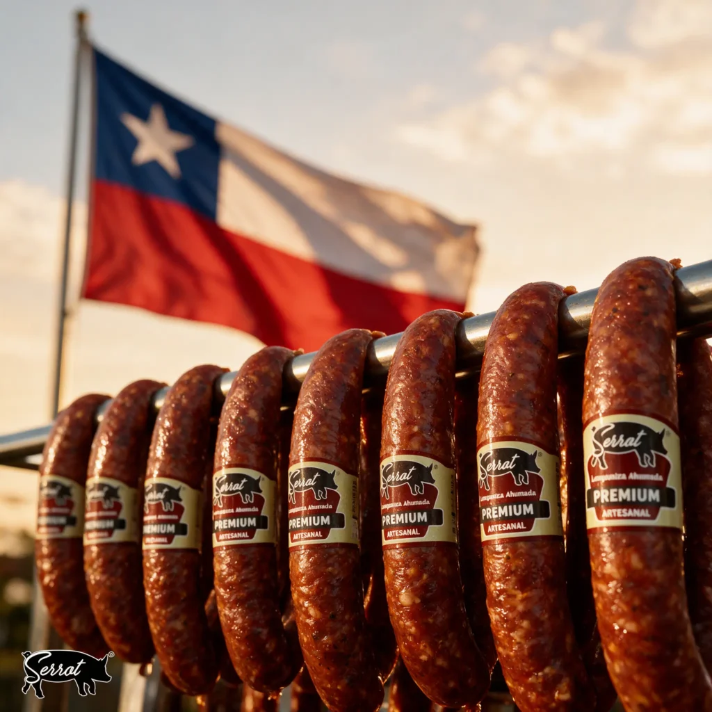 Longanizas ahumadas Serrot colgadas, con la bandera de Chile al fondo