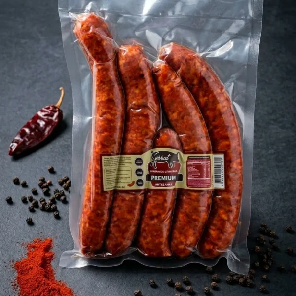 Longaniza Premium Serrot al vacío sobre mesa oscura, con ají, pimienta, ajo y astillas para ahumar